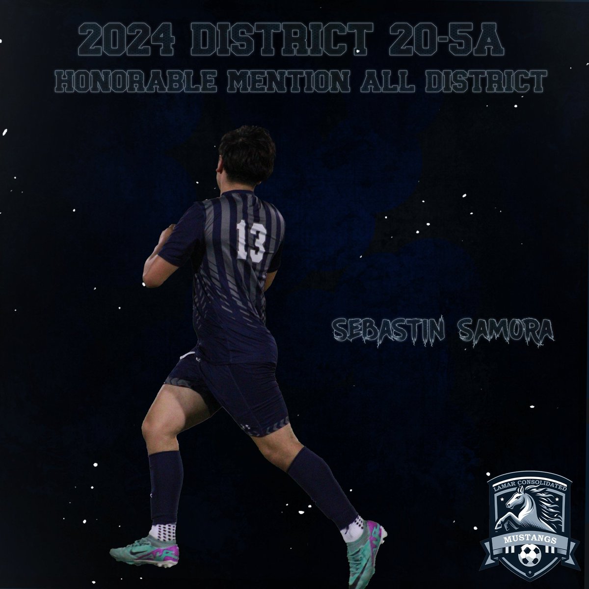 Congratulations to junior defender Sebastian Samora on being named 20-5A Honorable Mention. Solid as a rock on the field and with impeccable timing and strength in his play. ⚽️💪 <a href="/LCHS_Mustangs/">Lamar Consolidated Mustangs</a> <a href="/lcisdathletics/">LCISD ATHLETIC DEPT.</a>