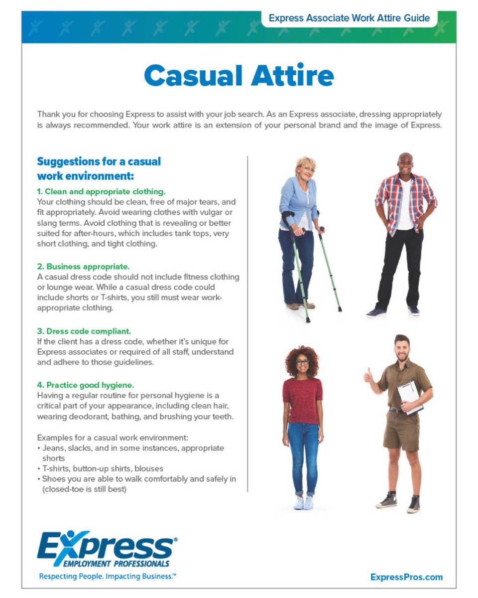 Need help knowing what to wear to work? Here is a guide for those working in a casual work environment with examples for keeping it business appropriate.

#ExpressPros #AnnArbor #WorkAttireGuide #CasualWorkAttire