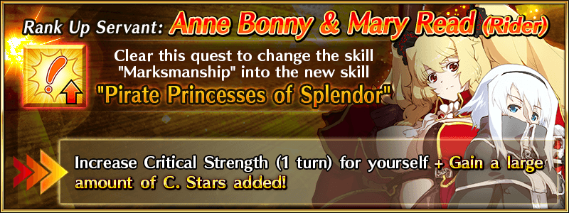 A Servant Rank Up Quest to strengthen ★4 (SR) Anne Bonny & Mary Read (Rider) has been permanently added to Chaldea Gate!

In addition to ability enhancement, Saint Quartz will be included in the quest rewards.

More info ➡️ fate-go.us/news/?category…

#FateGOUSA