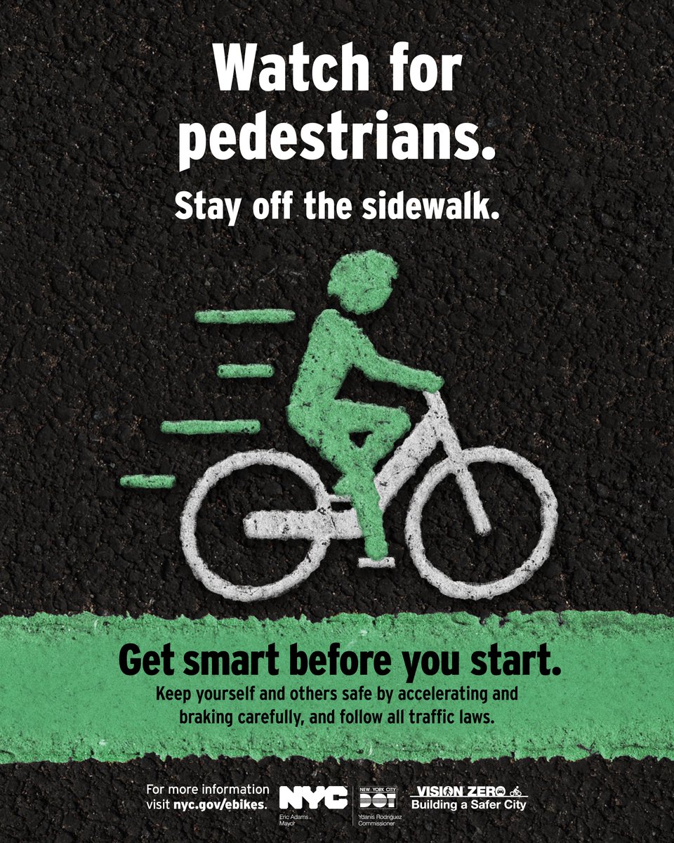We all have to share NYC's busy roads. When you ride an e-bike yield to pedestrians and keep in mind that it takes longer to brake than a standard bike. More info: nyc.gov/ebikes