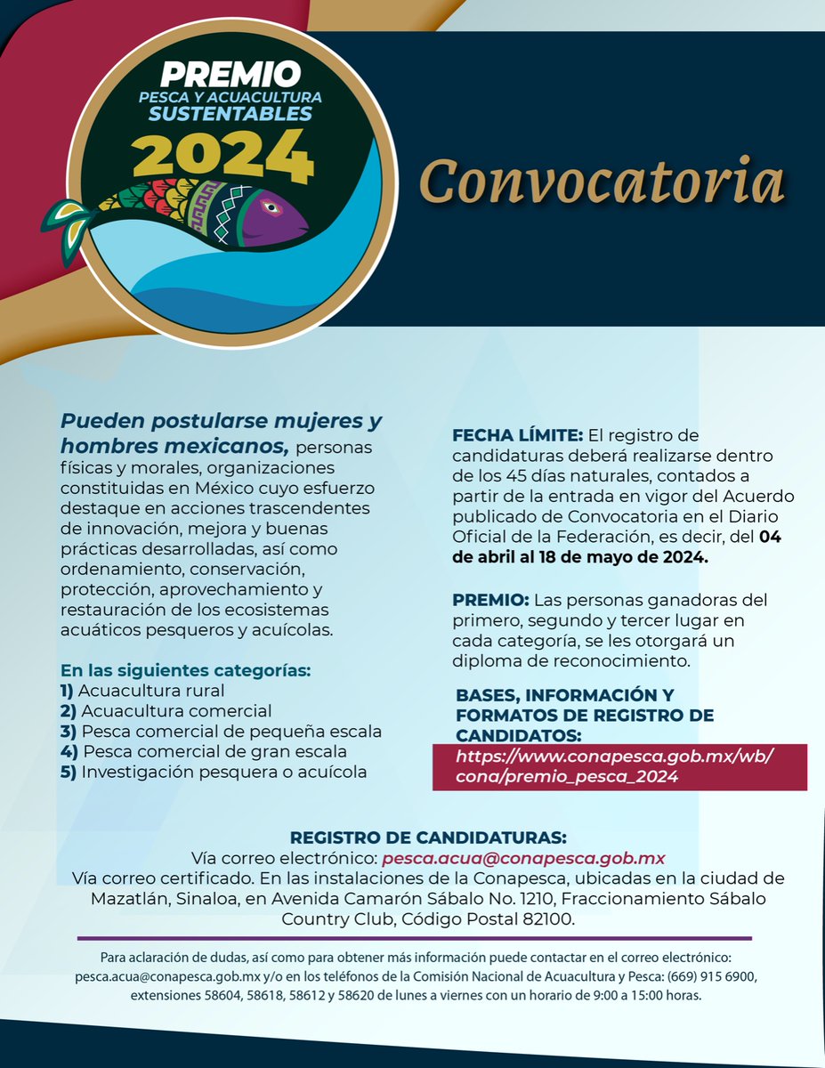 cobi_mx's tweet photo. La Convocatoria para el Premio a la Pesca y Acuacultura Sustentables 2024 ya se encuentra abierta. Es momento para postular a la persona que crees que se debe reconocer por sus iniciativas trascendentes con impactos favorables.

Encuentra los detalles: https://t.co/5fG9yWSFHK https://t.co/00PWoV0VZq