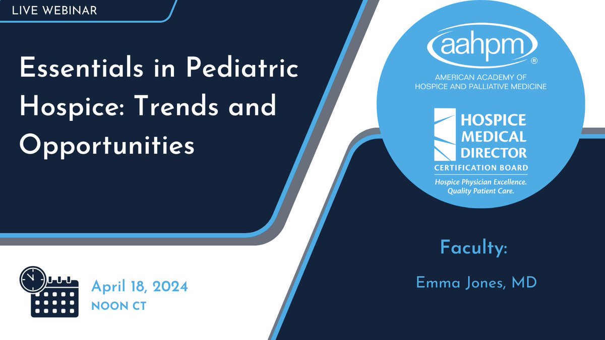 Last chance to register for the 'Essentials in Pediatric Hospice' webinar happening tomorrow at noon! Join AAHPM and @hmdcert to stay updated on the latest trends and opportunities in caring for pediatric patients. aahpm.org/education/meet…