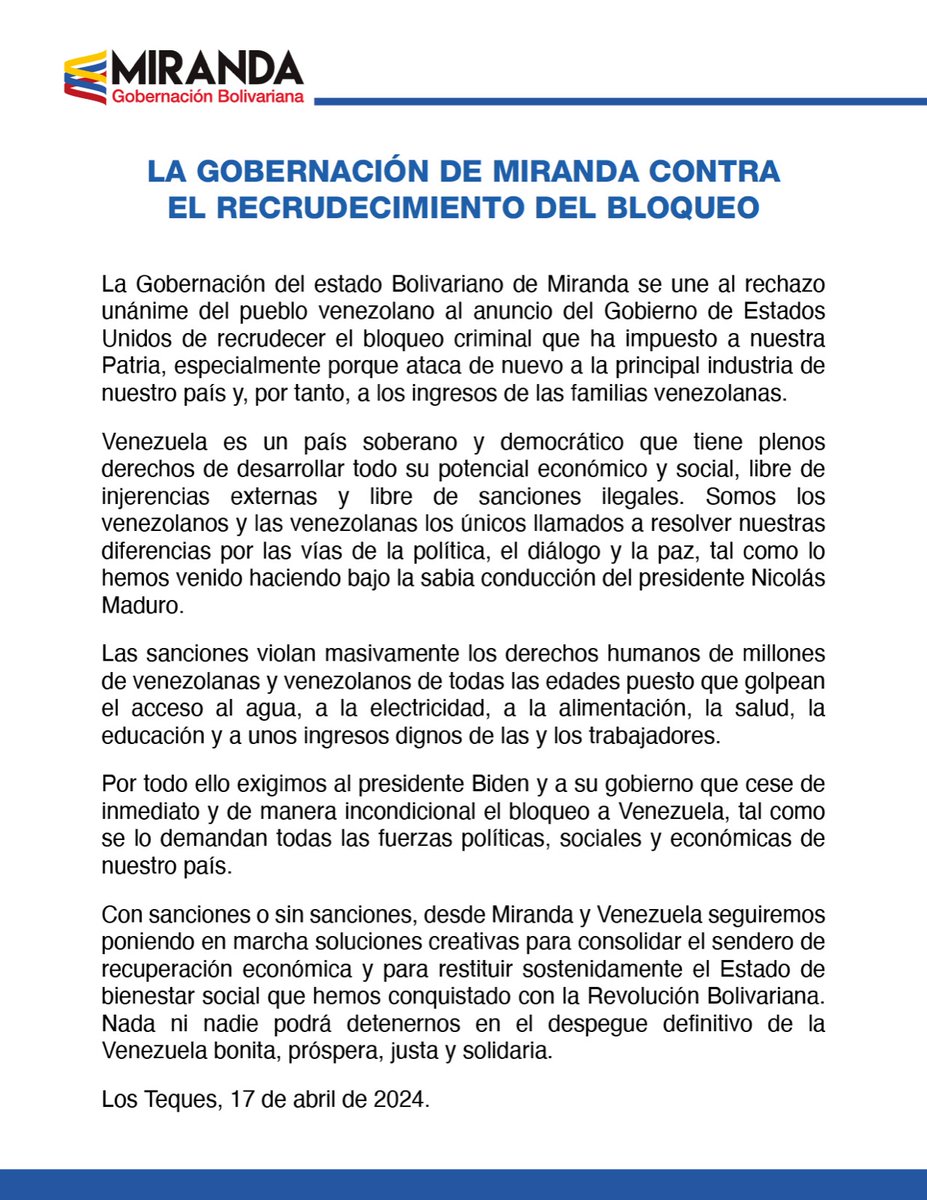 🇻🇪 COMUNICADO 🇻🇪 La Gobernación de Miranda se une al rechazo unánime del pueblo venezolano en contra del recrudecimiento de las sanciones y el bloqueo ilegal impuesto por el Gobierno Estado Unidos a nuestro país. #BidenLevantaElBloqueoYa #Veezuela #17Abr