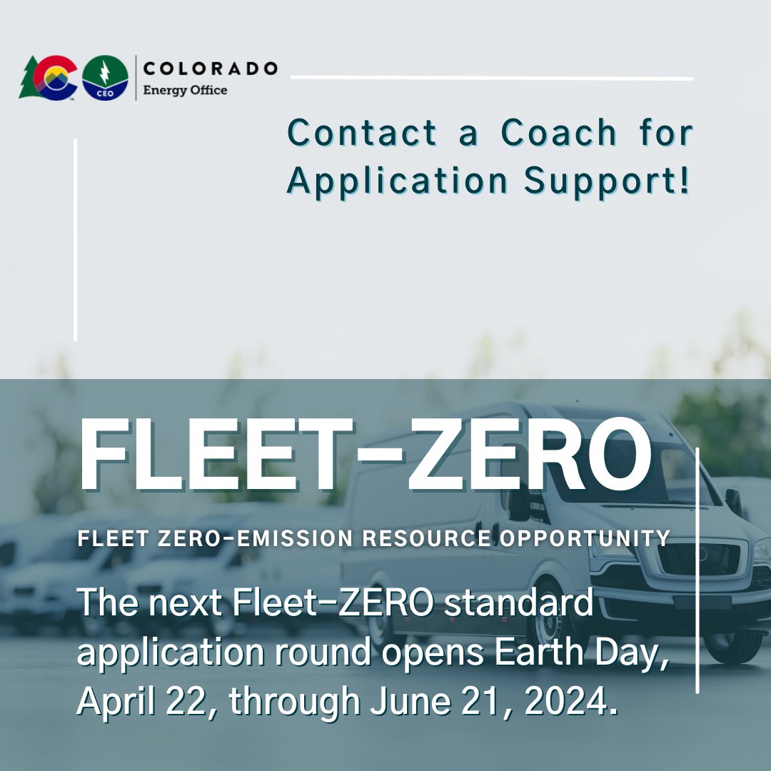 The <a href="/COEnergyOffice/">Colorado Energy Office</a>'s Fleet-ZERO standard application round is opening April 22. Fleet-ZERO provides funding for EV charging to support the transition of light-, medium-, &amp; heavy-duty fleets to EVs. Contact our coaches today for application support!

energyoffice.colorado.gov/fleet-zero