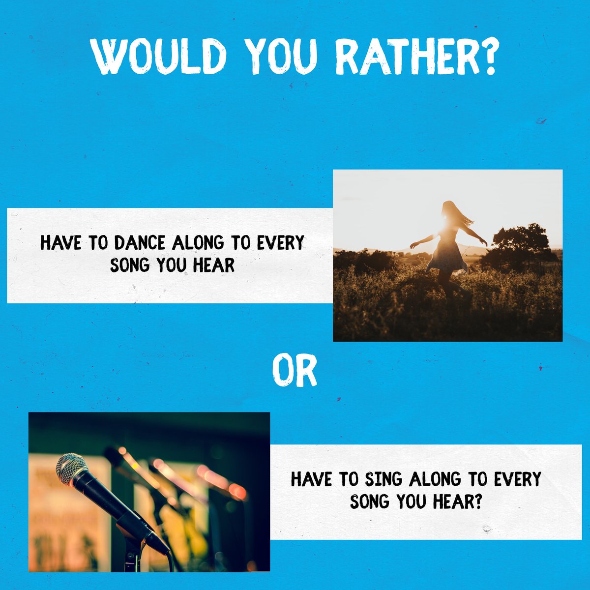 Which would you prefer? Let us know in the comments below! #acop #americanconsumeropinion #surveysformoney #wouldyourather ##wouldyouratherquestions #sing #dance #music