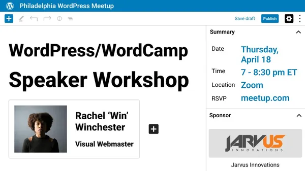 Wondering if speaking at WordCamp US is right for you? Join Rachel 'Win' Winchester's FREE webinar *tomorrow* to learn what it takes to build a successful WordCamp presentation. RSVP: meetup.com/philadelphia-w… And then send us your pitch! us.wordcamp.org/2024/apply/ #WCUS