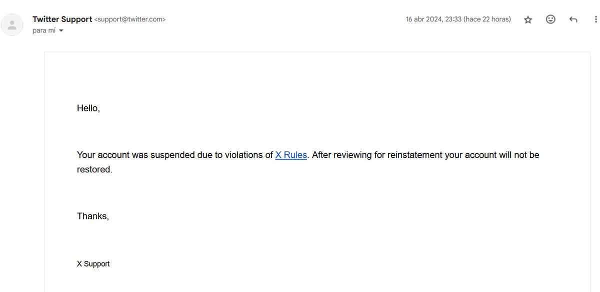Ahora tengo acceso a X, pero me llegó este email tras la petición que hice para recuperar la cuenta al ver que estaba suspendida. Creo que no violé ninguna regla. No sé cuanto tiempo duraré... Mi insta: instagram.com/marino.linaje/