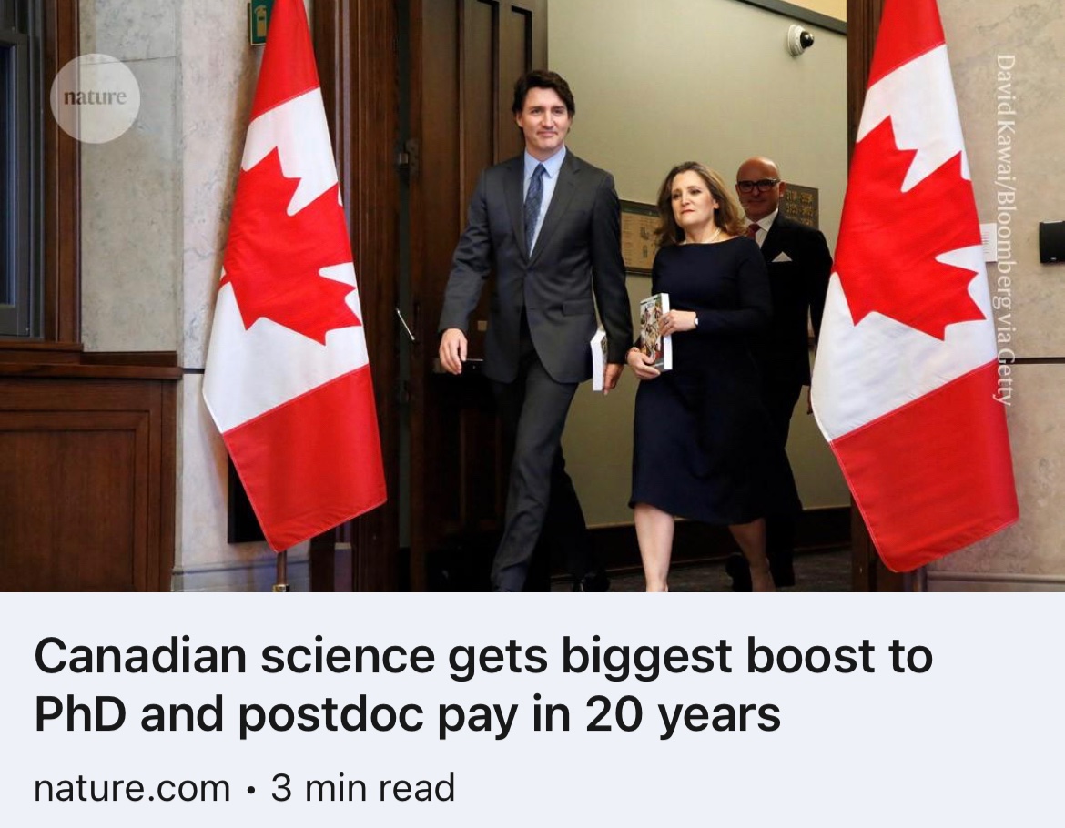 Australian government should learn and follow Researchers in Canada got a big boost in postgraduate pay and more funding for research and scientific infrastructure. “We are investing over $5 billion in Canadian brainpower” nature.com/articles/d4158…