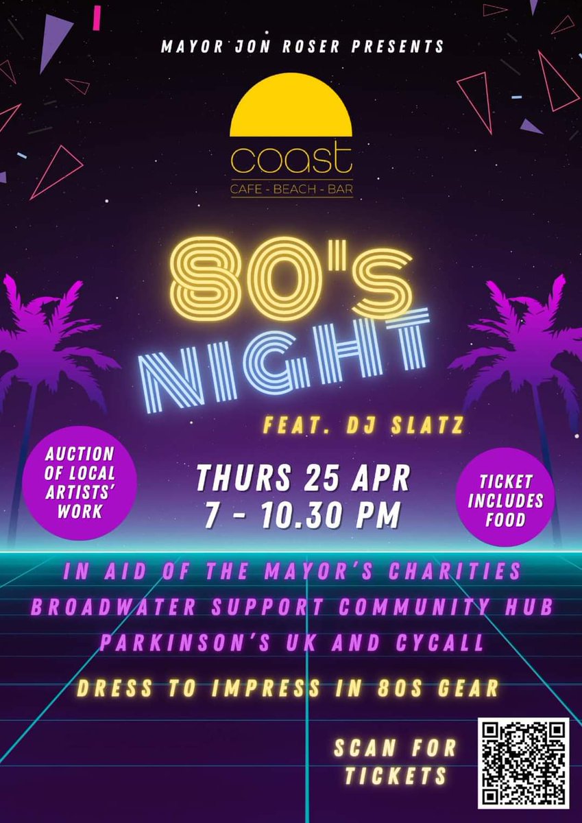 The @WorthingMayor Charity 80s night at @coastworthing in aid of Mayor's Charities. Book your place here now:- eventbrite.co.uk/e/80s-night-at…