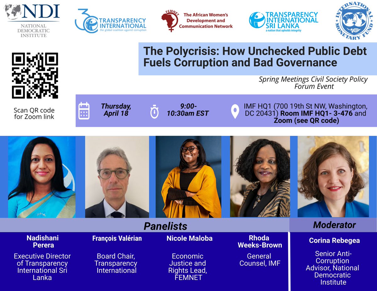 Join us tomorrow to discuss The Polycrisis: How Unchecked Public Debt Fuels Corruption and Bad Governance! 9am EST - in person and on Zoom, with @anticorruption @RhodaWeeksBrown @FrancoisValeri3 @NadishaniPerer2 @NDI and @FemnetProg