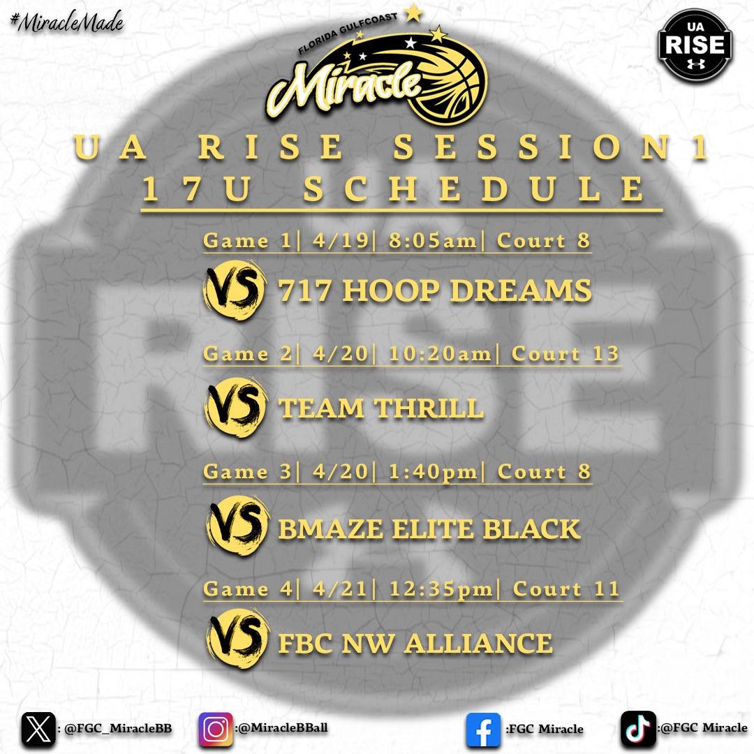 Schedule for UA Rise Session 1. See you in Pennsylvania! <a href="/CoachCed55/">Coach Cedric</a> <a href="/CoachTeddy_FGC/">Teddy Spikes</a> <a href="/FGC_MiracleBB/">FGC Miracle UA Rise</a> <a href="/RiseCircuit/">UA Rise Circuit</a> <a href="/UANextGHoops/">Girls UAA</a>