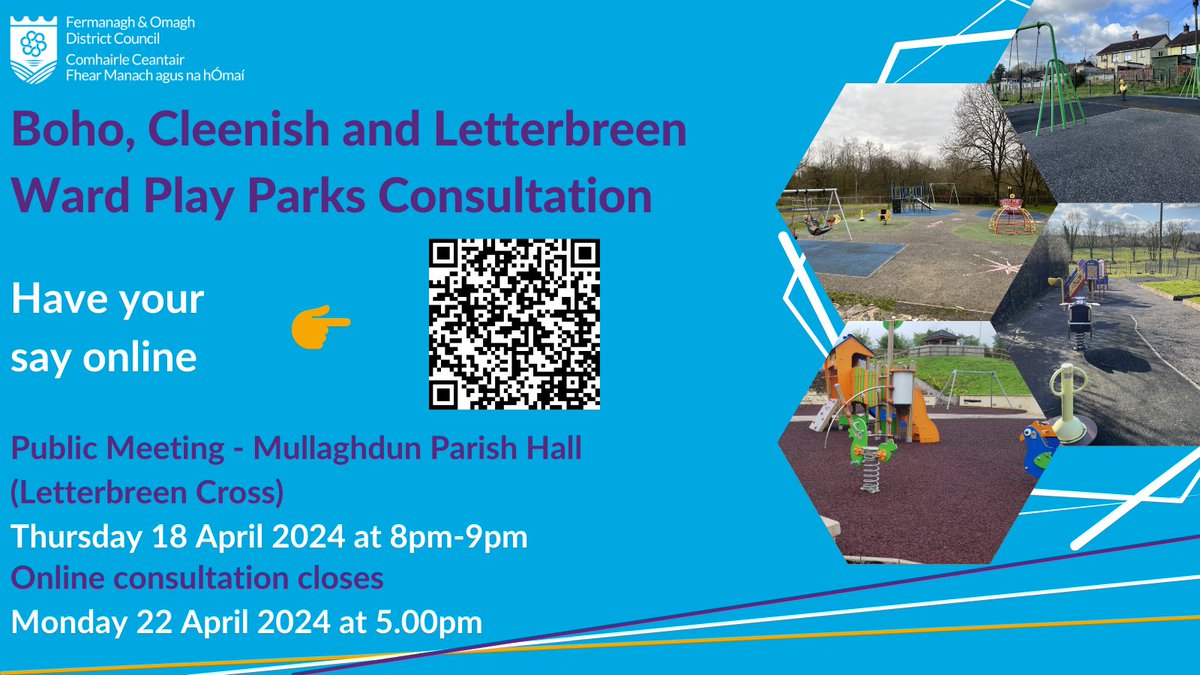 ⏰Public event on Boho, Cleenish & Letterbreen Ward Play Parks 💭We're consulting on play park provision in the Boho, Cleenish and Letterbreen ward of #FODC 📆Join us tomorrow, Thurs 18 April 2024 at 8pm to have your say Or complete the online survey👉bit.ly/FOPlayParks