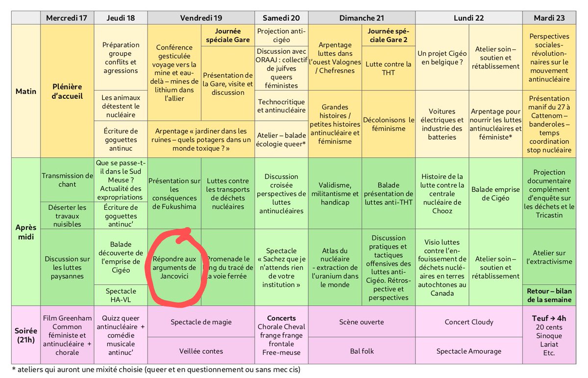 JouveauM's tweet photo. Autre pépite de la journée (et non ce n’est pas une blague) si vous ne savez pas quoi faire le week-end prochain voici programme des festivités antinucléaires de Bure 🤩 https://t.co/wzFonK3PZL