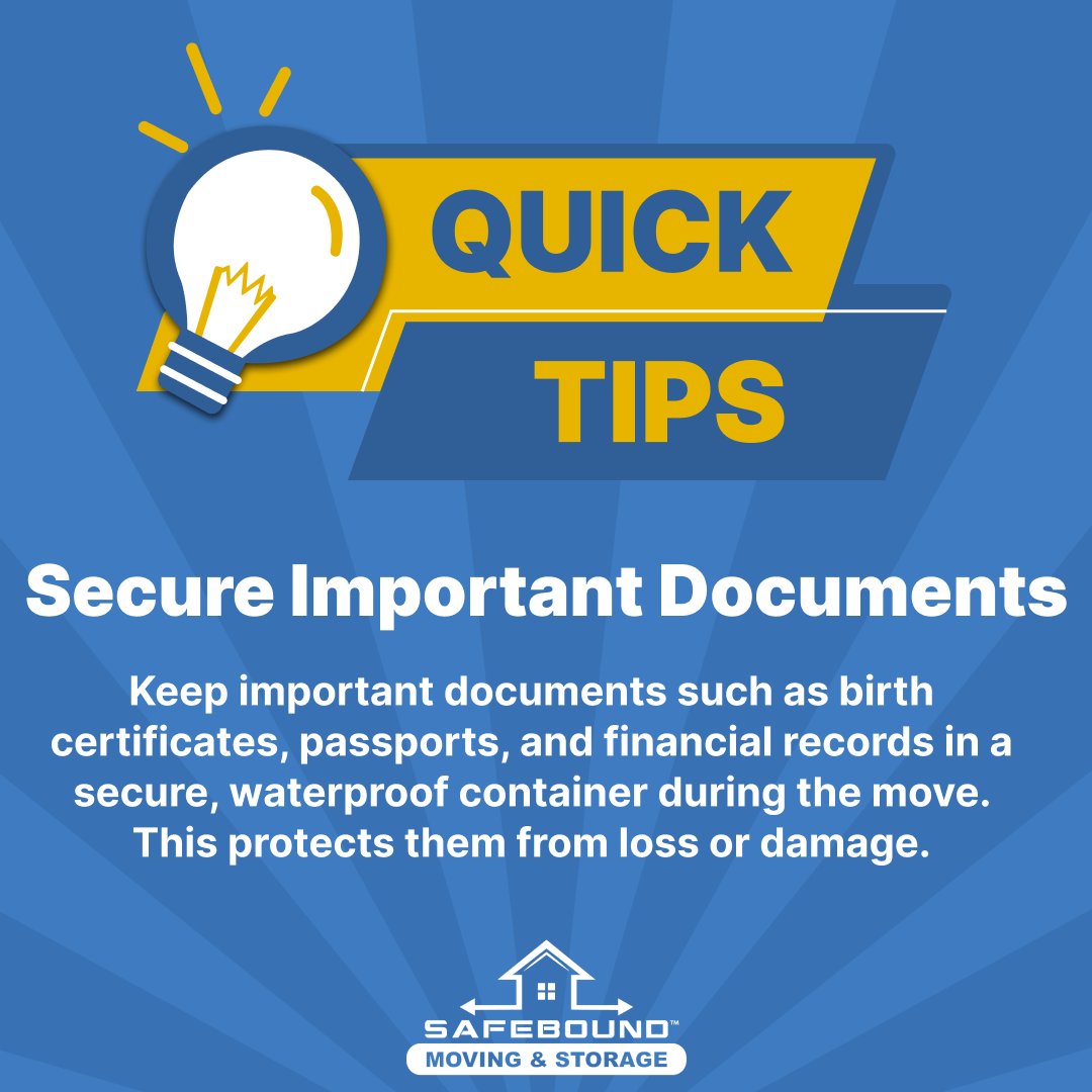SafeboundMoving's tweet image. 📦Pro Tip: Secure important documents in a safe place for peace of mind during your move.

#movingtips #movingtime #movingtipsandtricks #movesmarter #packingproblems #moversandpackers #movers #movingchecklist #packingtips #educational #packinghacks #packing #safebound #florida