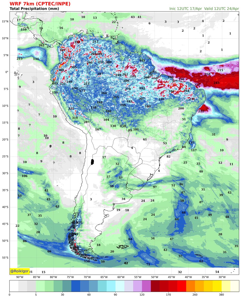 Volume de chuva previsto nas próximas 180h, na América do Sul, com dados do modelo WRF 7km (CPTEC/INPE).