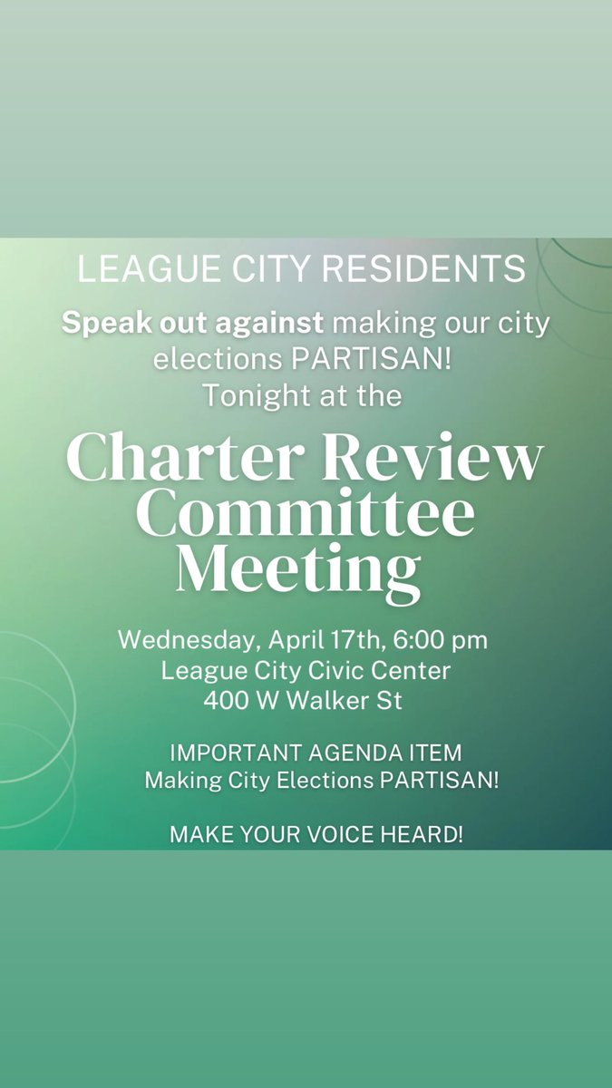 🚨 Urgent: Council members Hicks & Chadwell propose making our city elections PARTISAN, aiming to dominate council w/ far-right conservatives. We must unite against this! Join us by 5:50 PM at League City Civic Center, 400 W Walker St. 
#LeagueCity #UniteOurCity