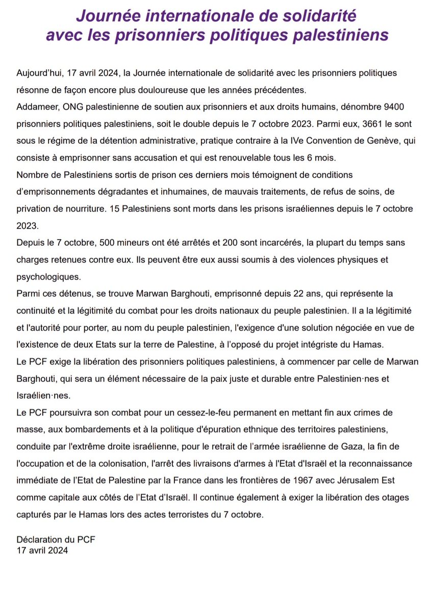 Bonjour à toutes et à tous,

Pour la journée internationale de solidarité avec les prisonniers politiques palestiniens ci-joint un communiqué du PCF.

Bonne lecture.