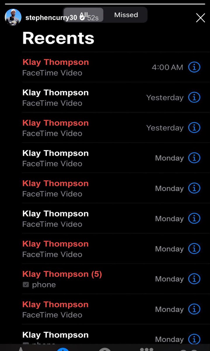 Stephen Curry shows all the missed calls he got from Klay Thompson. 😳 (Via @StephenCurry30 IG)