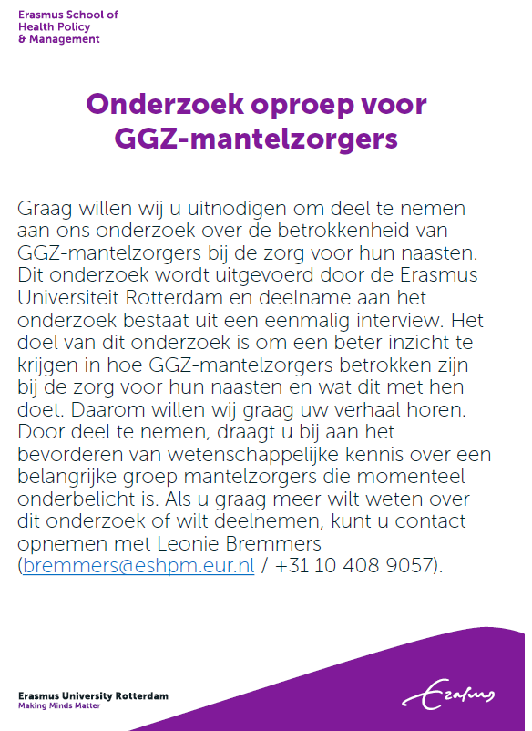 l_bremmers's tweet photo. 👉Onderzoek oproep voor GGZ-mantelzorgers 
Graag willen wij u uitnodigen om deel te nemen aan ons onderzoek. Het doel is te onderzoeken hoe GGZ-mantelzorgers worden betrokken bij de zorg van hun naasten.
📩Voor meer info kunt u mij mailen: bremmers@eshpm.eur.nl  #mantelzorg #GGZ https://t.co/YzvqFn9rXE