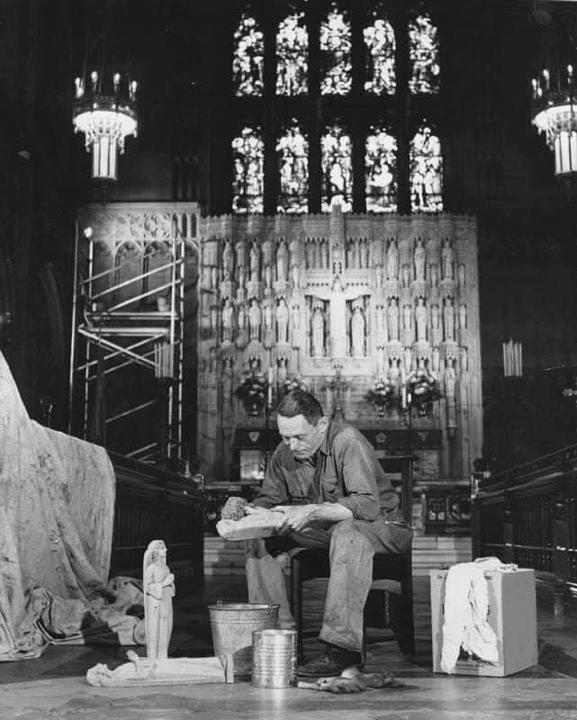 Trinity Cathedral worker Edward Boynton cleans statuary, 1959. Boynton volunteered to clean everything by hand. It had not been cleaned before he started since its opening 52 years ago. Estimated time to complete was 2 years. Source @Cleveland_PL Photographer unknown. #dedication