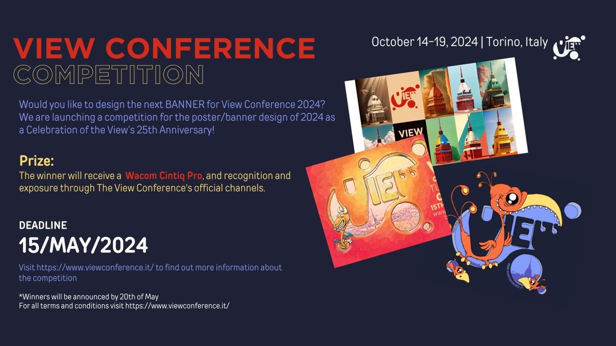 ANIMATIONWorld's tweet image. VIEW Conference Launches ‘Art Challenge’ Competition: In celebration of the 25th anniversary of Italy’s premier animation and VFX event, artists are invited to submit poster designs for the competition… bit.ly/3W3cryJ #VIEW2024 #VIEWConference #VisualEffects #Animation
