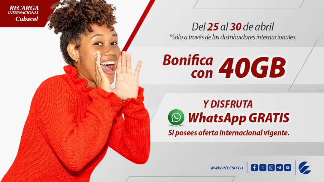 Del 🗓 25 al 30 de abril promo de #RecargaInternacional
📲 Si recibes una recarga entre 500 y 1250CUP a través de los distribuidores internacionales, el monto recargado irá a tu saldo principal y recibirás un bono de 40GB.
[1/2🧵]