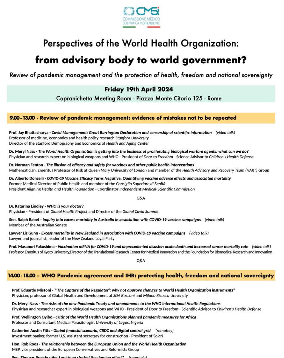 Perspectives of the World Health Organization: from advisory body to world government?  Conference with live streaming 19.4.2024 cmsindipendente.it