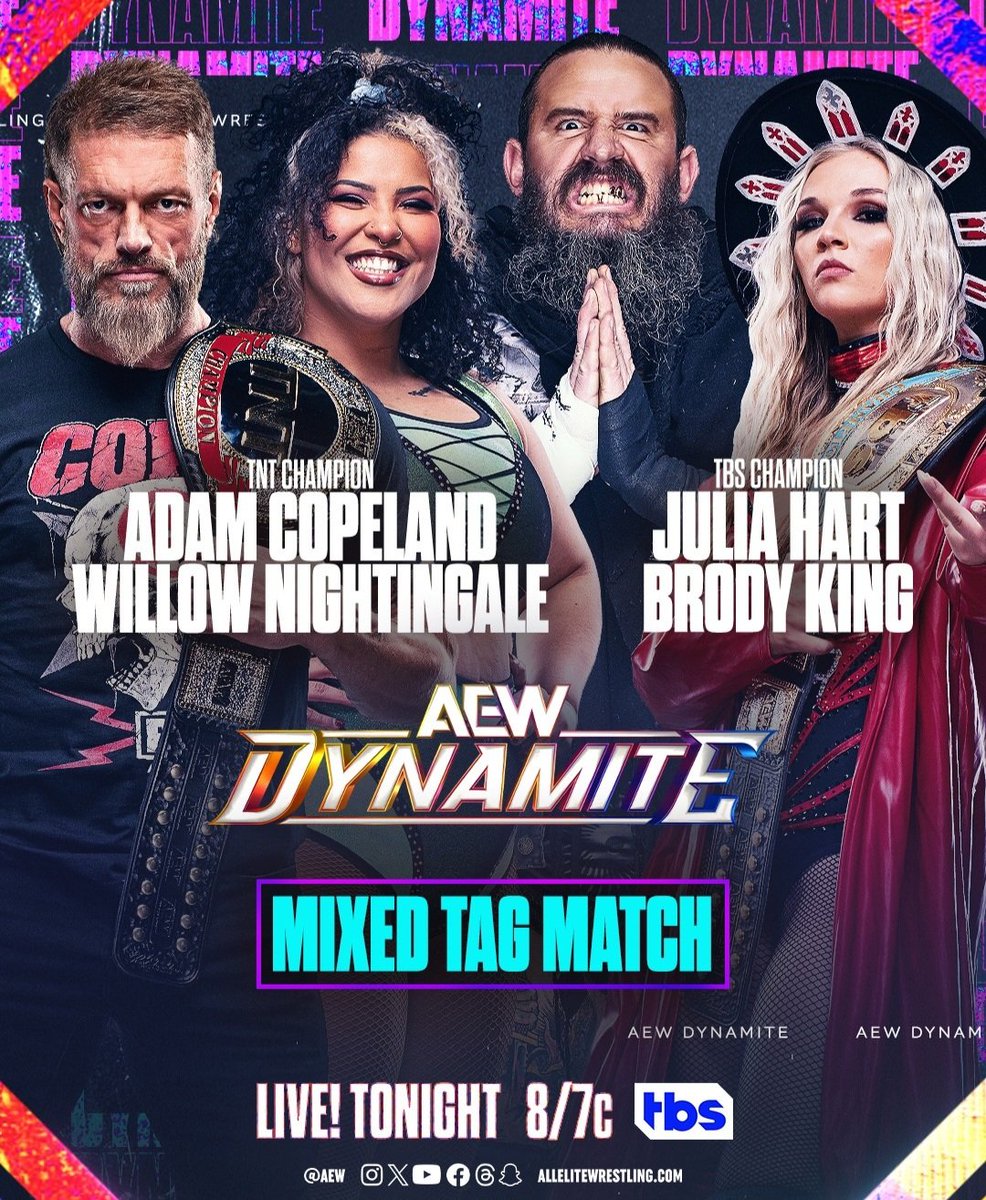 King @RatedRCope Teams With @willowwrestles To Take On @TheJuliaHart And @Brodyxking Tonight On #AEWDynamite 😊👏🙌🤩👑❤️🤘#Edge #TheRatedRSuperStar #TheKing #TheGOAT #AdamCopeland #EdgeHead #AEW #RatedREra #TNTChampionship #TNTChampion #willownightingale #JuliaHart #BrodyKing