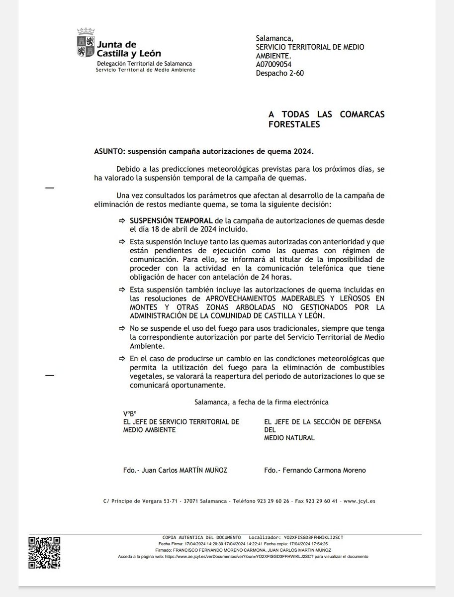 InfuesAvila's tweet photo. Atención⚠⚠⚠
Suspensión de todos los permisos de quema 2024 por @jcyl en todo el territorio de Castilla y León. 

Lo mejor, la prevención. No la lies. https://t.co/dFy7JwT7GX