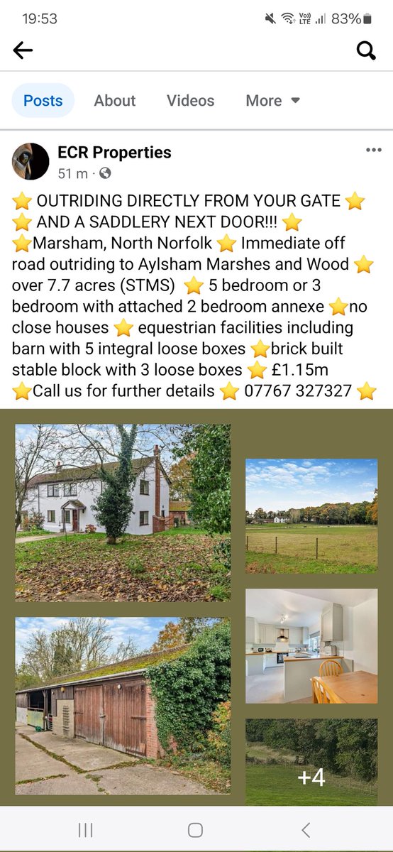 Anyone interested in this prop' listed with ECR Properties? Situ in Marsham, nr Aylsham, Norfolk NR10, inc self contained attached 2-bed annexe but could be a 5-bed home, outriding no roads to cross 🐴🏡 @horseandhound @NorthNorfolk @OnNorfolksCoast @struttandparker @rightmove