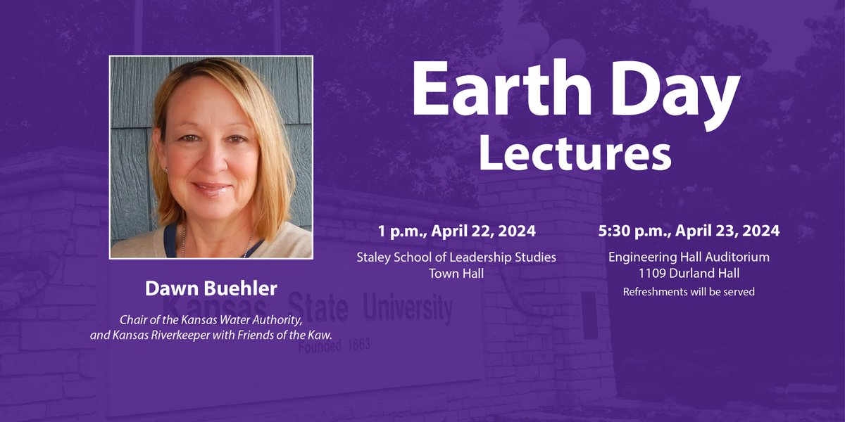 KState's tweet photo. K-State welcomes Dawn Buehler, chair of the Kansas Water Authority and Kansas Riverkeeper with Friends of the Kaw as the featured speaker for the Earth Day Lectures on April 22 and April 23.
Learn more at: https://t.co/Cb7IxOtaEj
#NextGenKState | #KState https://t.co/b9USNreRn8