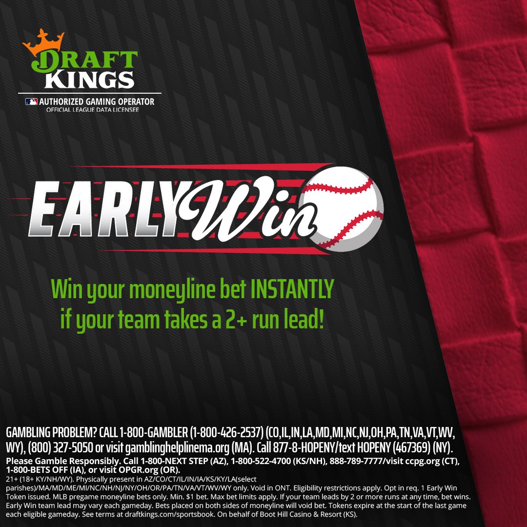 Don’t forget to utilize the Early Win promo on @DKSportsbook. Opt in and place a moneyline wager on any baseball game. If your team takes a 2+ run lead at any point, you’ll win your bet!