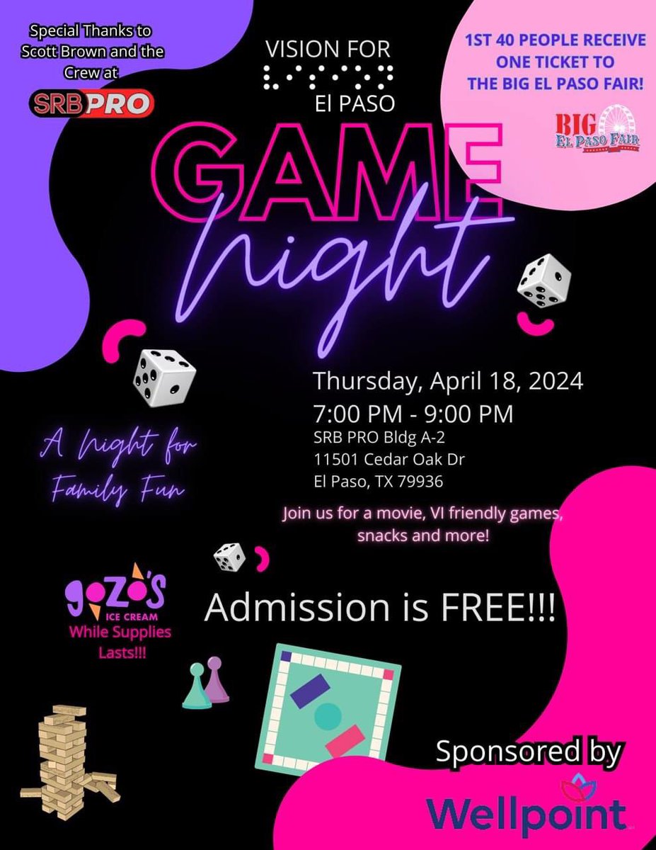 Join Vision For El Paso for GAME NIGHT on Thurs, April 18 7pm-9pm at SRB PRO Bldg A-2, 11501 Cedar Oak Dr, El Paso, TX 79936. Enjoy a movie, Vision impaired (V) friendly games, snacks, Gozo’s Ice Cream & more! ADMISSION -FREE! Special thank you to @wellpoint #visionimpaired