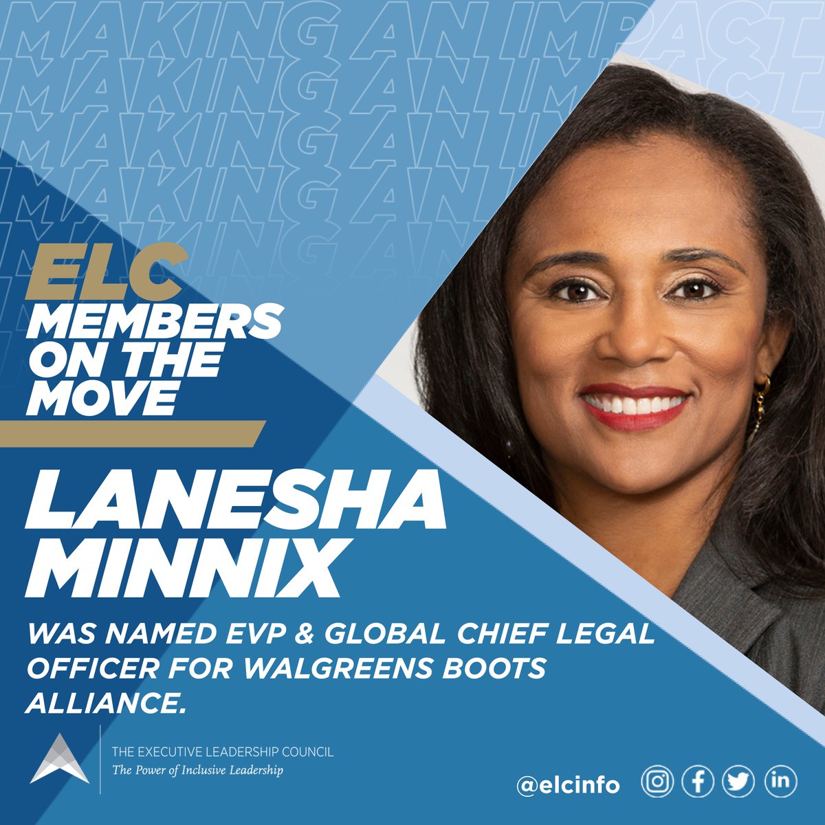 Congratulations to #ELCMember Lanesha Minnix, who was named Executive Vice President and Global Chief Legal Officer for Walgreens Boots Alliance (@wba_global).

#ELCMembersOnTheMove #BlackWomenLead #BlackExecutives #BlackLeadership