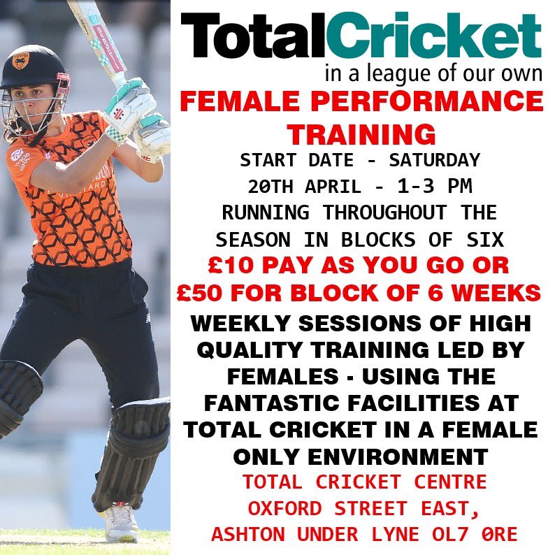 markpdarlington's tweet photo. Great Training Every Saturday throughout the season - Saturday’s 1-3pm Female Performance training @Total_Cricket Led by Females in a Great environment- clubs please let your Girls know this starts 20th April- @appletoncricket @Leigh_CC @NantwichCC @CBHCC @LancsCricketWMN https://t.co/MvYG3uoLKu