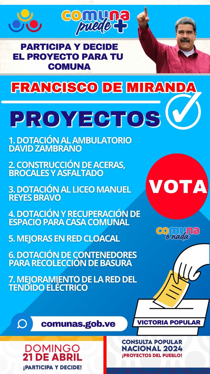 Venezuela toda está convocada a participar el domingo #21Abr en la Consulta Popular Nacional. Participa y decide el proyecto para tu Comuna @ComunasVE_ #ComunaONada #BidenLevantaElBloqueoYa