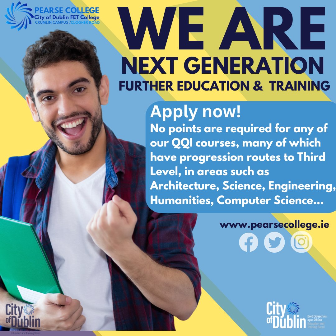 #PearseCollege's enrolment process focuses on YOU, with many of our one-year #QQI courses having progression routes to #ThirdLevel. Apply today at pearsecollege.ie #NextGenFET #ThisIsFET #CityofDublinETB #NoPointsNeeded #CreateYourFuture