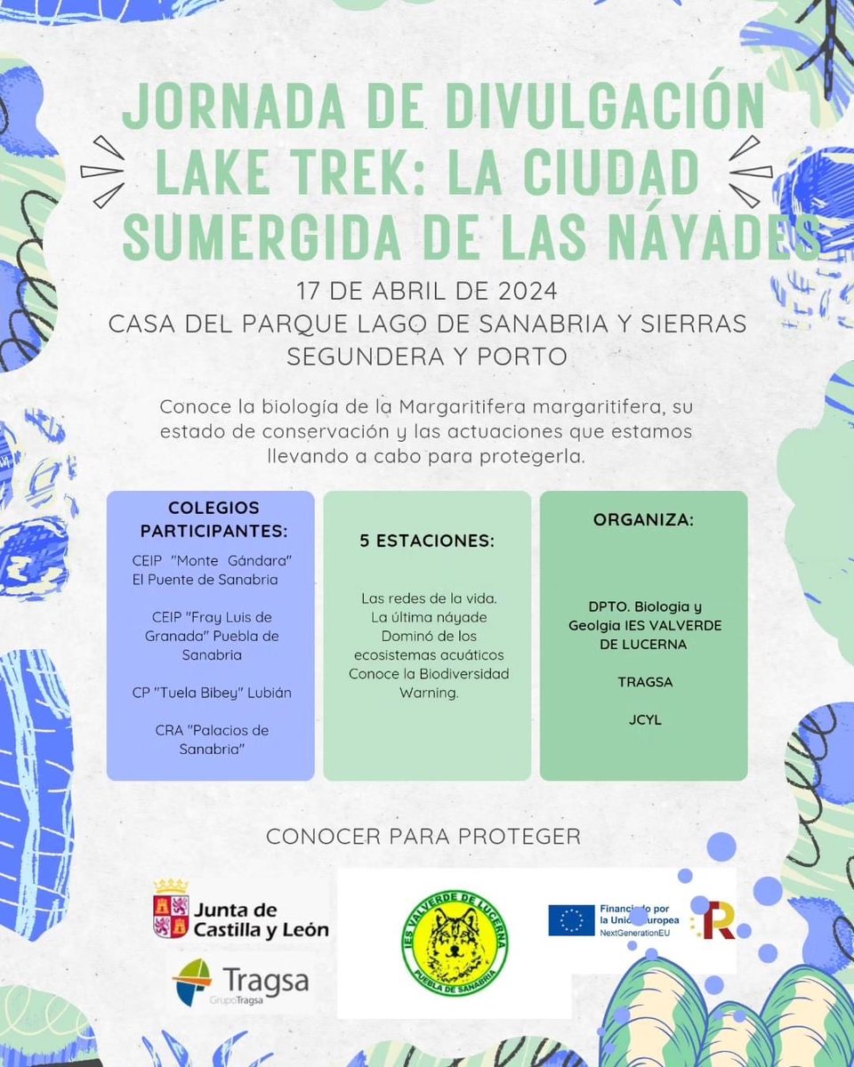 El LakeTrek empieza a asomar para que nuestras mágicas ninfas de agua dulce estén sanas, salvas y seguras.
Hoy el alumnado de 5° y 6° de primaria de los coles de la zona van a ayudarnos a proteger a nuestras Náyades de los terribles peligros que las acechan.
Gracias a todos/as!!!