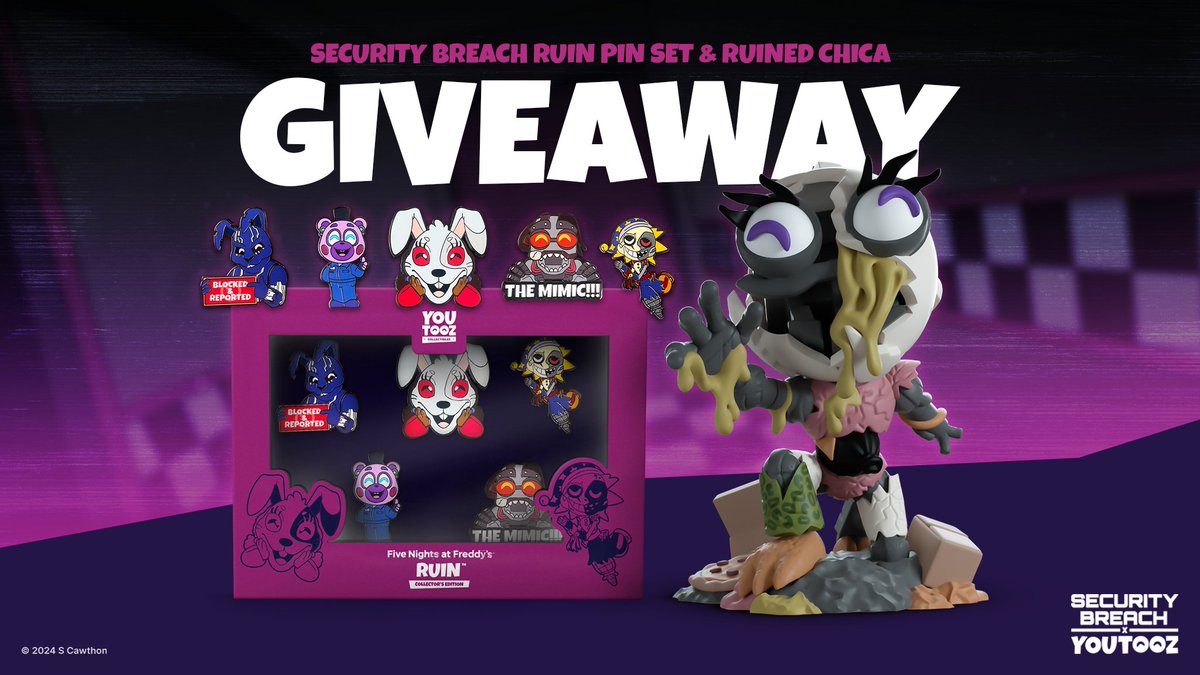 feathered fury 🐥😈 giving away 5 sets of the ruined chica and ruin pin set dropping friday to enter to win 👉 retweet this post and comment the animatronic u want to see made into a youtooz next 🫡 winners announced 3pm est friday ⏲️ goodluck!