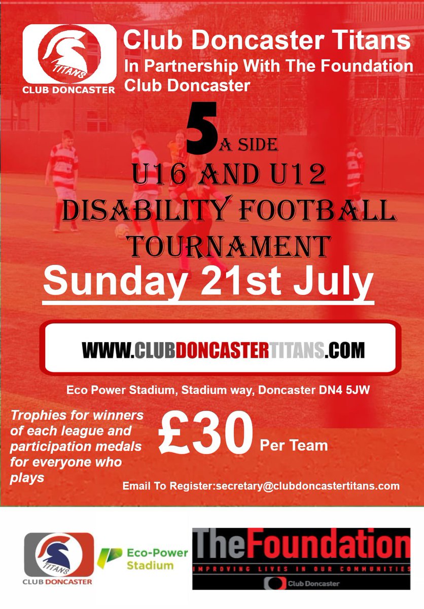 ClubDoncaserTitans (@doncastertitans) on Twitter photo We are delighted to announce our summer u16 & u12 disability football tournament! Please contact secretary@clubdoncastertitans.com to register! We are delighted to announce our summer u16 & u12 disability football tournament! Please contact secretary@clubdoncastertitans.com to register!
