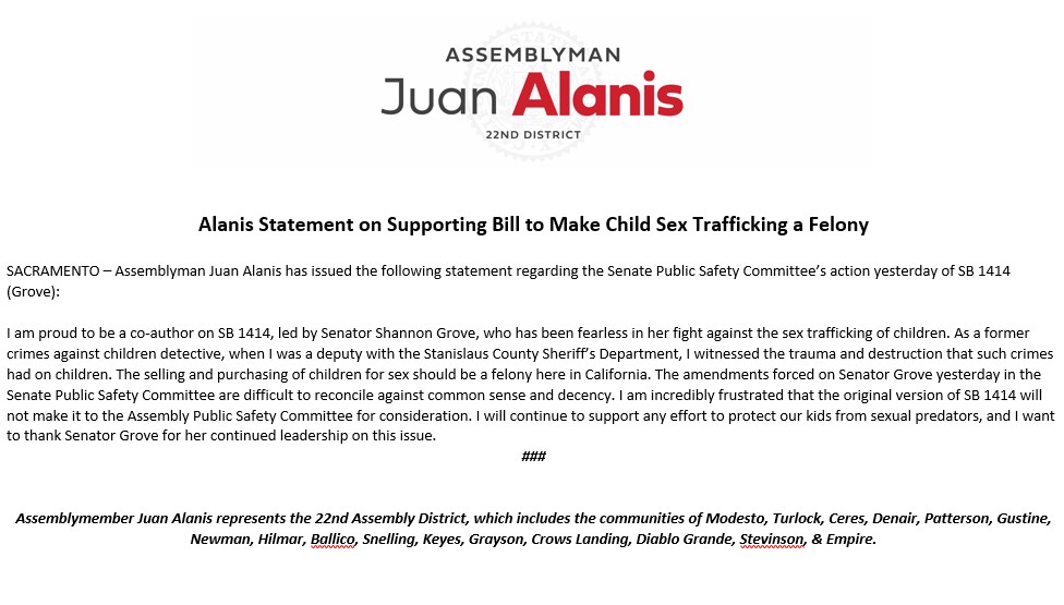 My statement on SB1414 (@ShannonGroveCA) supporting her effort to make the purchasing and selling of children a felony. 

Read More Below: