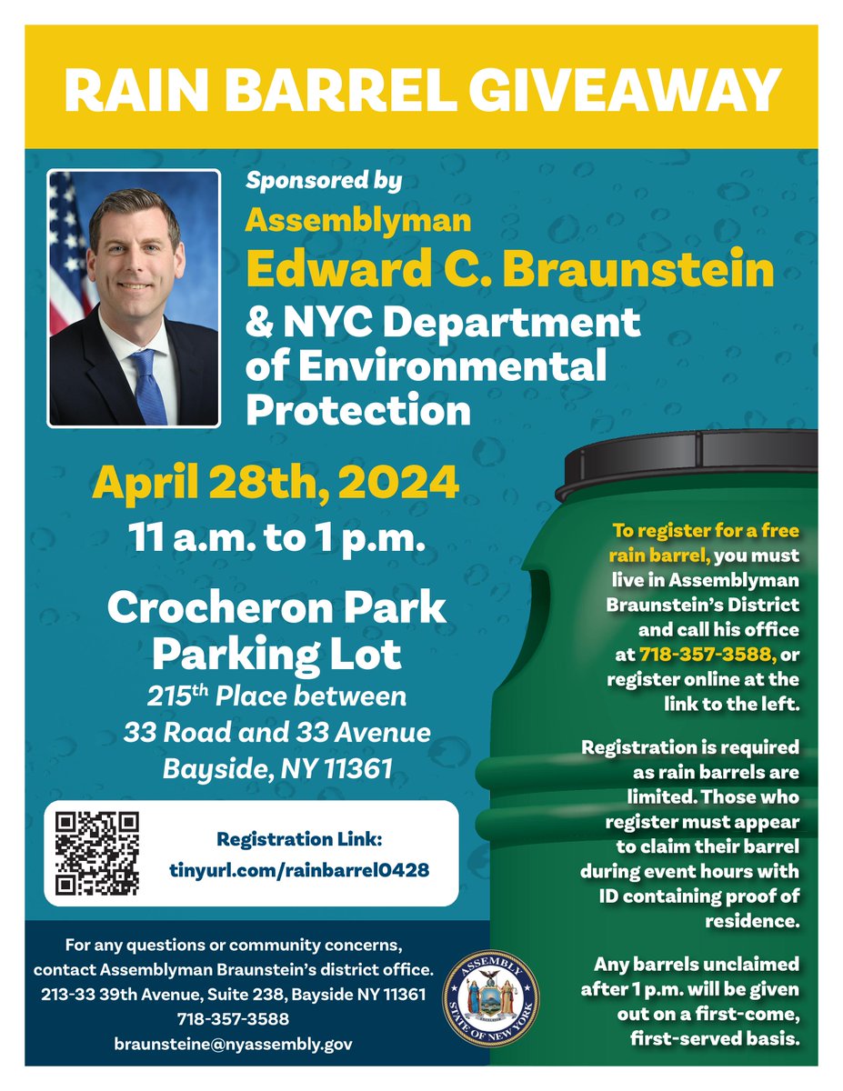 My office is hosting a rain barrel giveaway with @NYCWater at Crocheron Park in #Bayside on Sunday, April 28. Advanced registration is required, as there is a limited supply of barrels available. To register, please see instructions below.