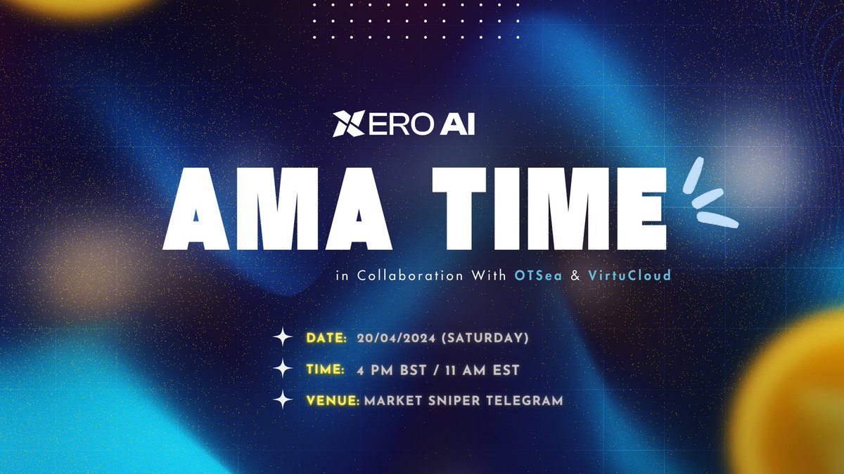 Exciting News Alert! Join us for an exclusive AMA session with @otseaerc20 and @VirtuCloud 🗓 This Saturday, April 20th, 4 PM BST / 11 AM EST, on Market Sniper Telegram(T.me/Marketsniperch…) 🚀 Dive deep into the world of $XEROAI, $OTSea, and $VIRTU’s cutting-edge tech!