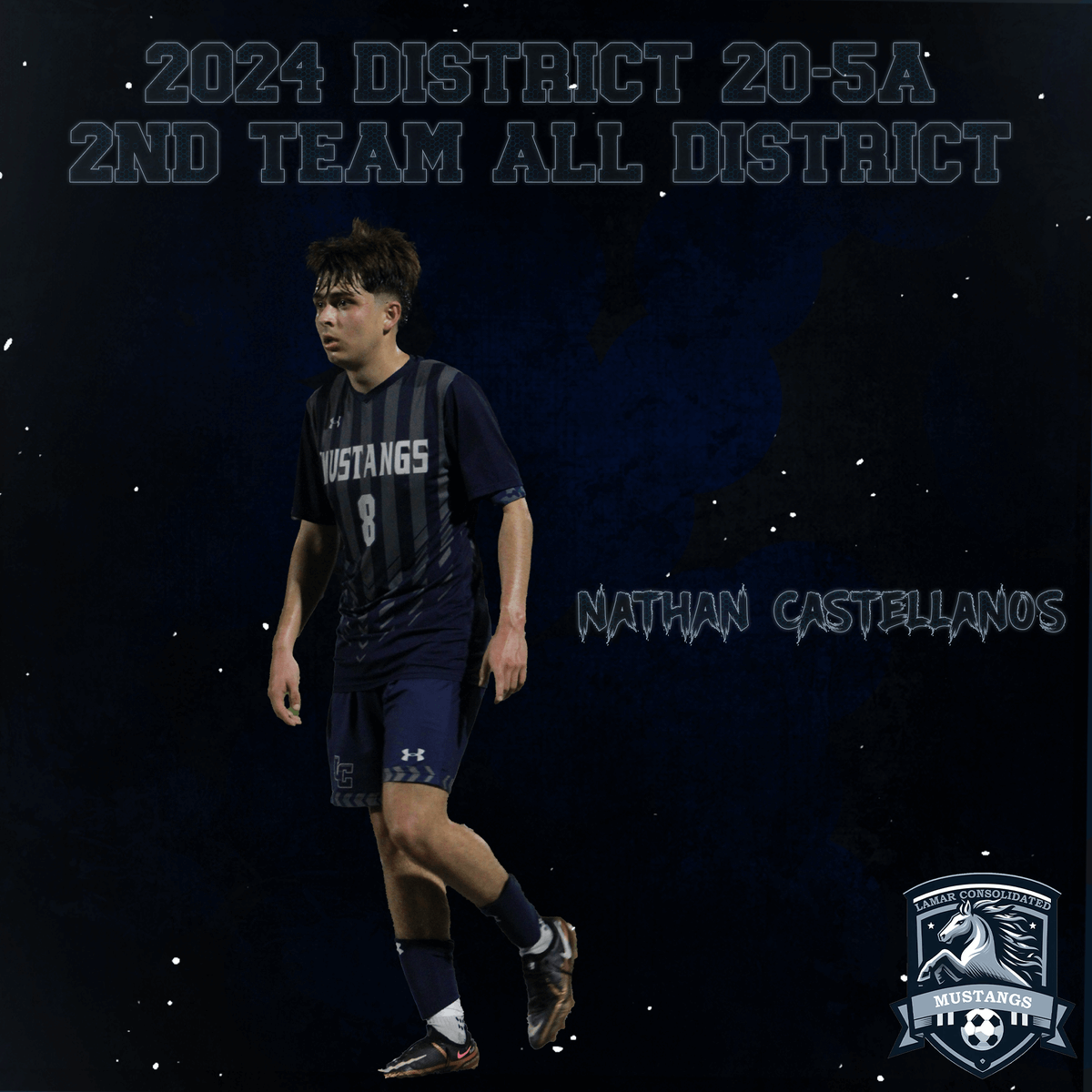 Congratulations to senior midfielder Nathan Castellanos on being named to 20-5A 2nd Team All District! The heartbeat of the team, a player that played with dedication and teamwork in every moment ⚽️💪 <a href="/LCHS_Mustangs/">Lamar Consolidated Mustangs</a> <a href="/lcisdathletics/">LCISD ATHLETIC DEPT.</a>