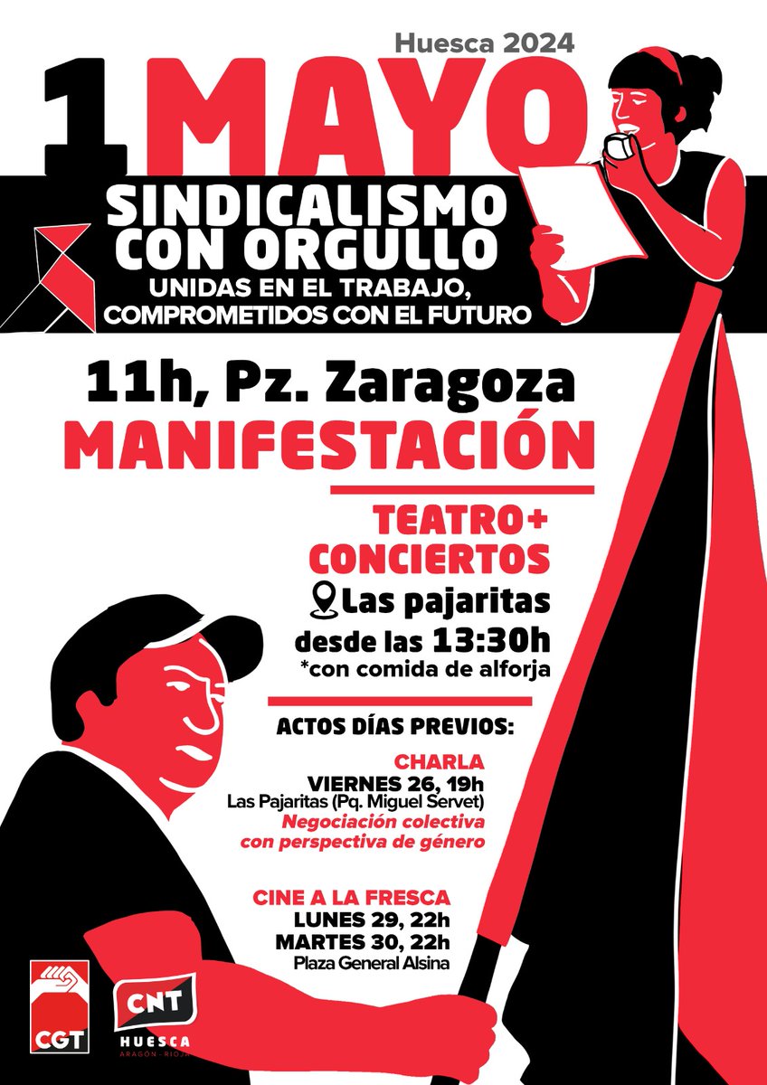 🛠️📢 #1Mayo en #Huesca 🏴 Manifestación. 11h en plaza zaragoza 🎙️ Teatro+Concierto desde las 13:30h en las Pajaritas (con comida de alforja) @OOVVHUESCA aragon-rioja.cnt.es/1-de-mayo-en-h…