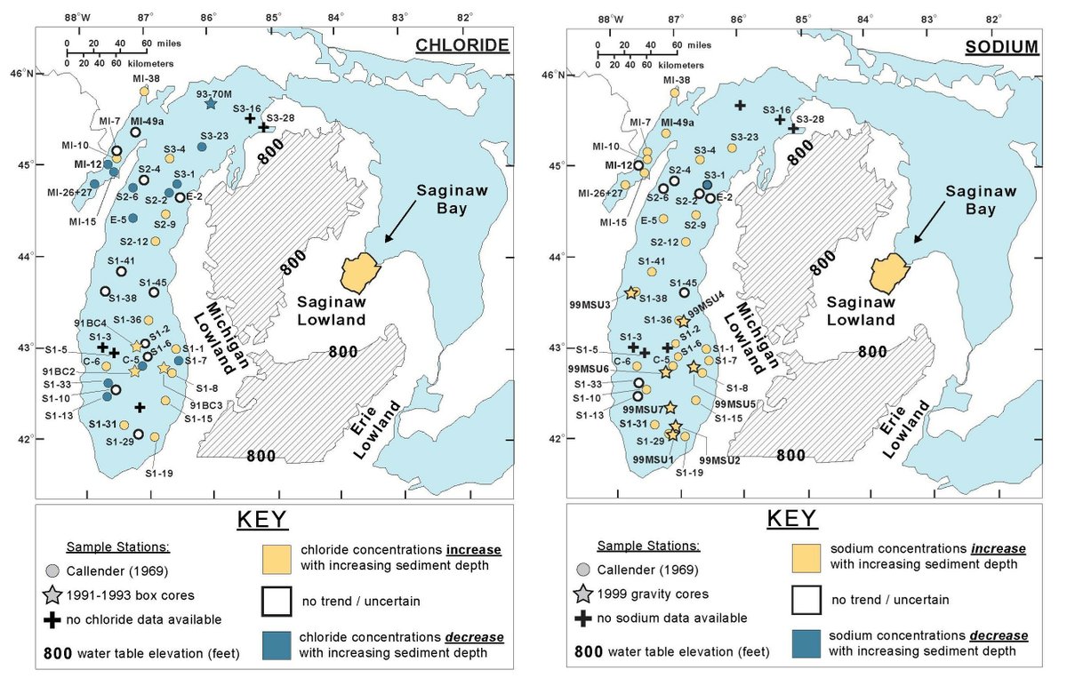 #GSABulletin: Kolak & Long evaluate potential for solute exchange between #LakeMichigan and #MichiganBasin—research relevant for #WaterQuality & #WaterUse. doi.org/10.1130/B37143… Image: Figs. 6 & 7 from paper (base image modified from Wahrer et al., 1996, their fig. 1) #GSAPubs