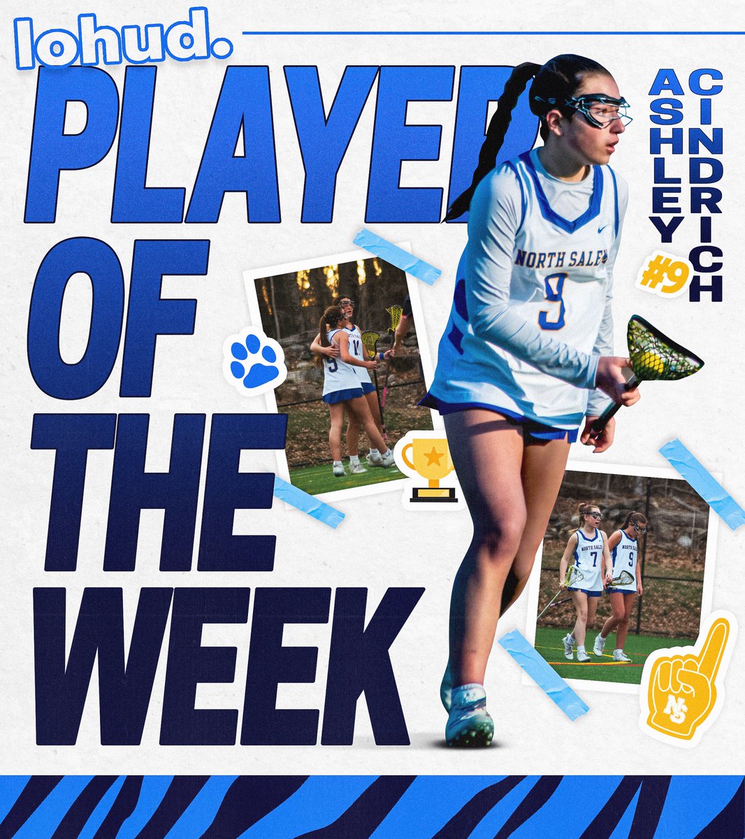 Congratulations 10th grader Ashley Cindrich- Lo Hud POW-Girls Lacrosse
10 Goals, 2 Assists and 12 ground balls in THREE games! 
#tigerpride 
💙💛