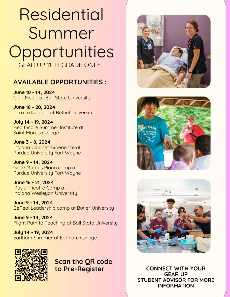 Attention Juniors! Are you ready for some summer fun? Check out these summer opportunities! Connect with your GEAR UP Student Advisor for more information!! @edpartnerships #guworks #fwcs @FWArcherNation @FWSniderHS @WeAreNorthrop @NSHSLegends @waynegenerals #SummerCamps