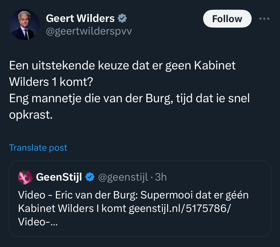 Wilders wil niet regeren en die coalitie gaat er niet komen, deel zoveel. Maar blijf vooral formeren tot je een ons weegt.