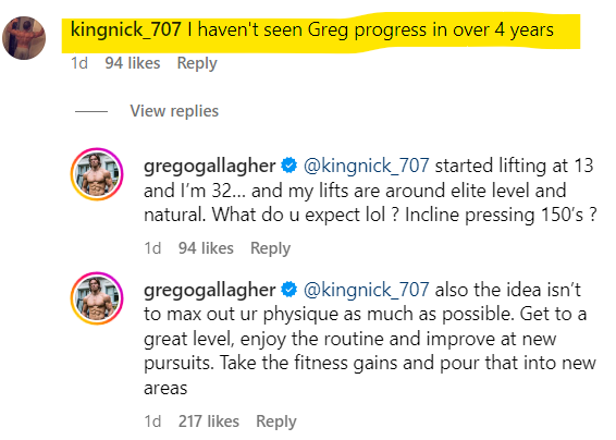 'I haven't seen Greg progress in over 4 years'. Been lifting for almost 20 years. Completely satisfied with my strength, size, body fat, etc. All about maintaining fitness levels while excelling in other areas of life now.